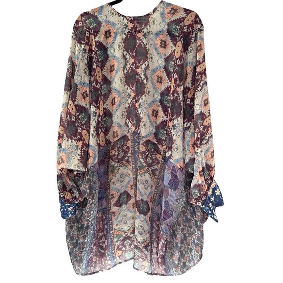 Coldwater Creek 1X 2X Sheer Cuffed Floral Patchwork Boho Cardigan Art to Wear - Picture 2 of 9